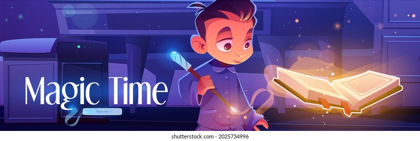 Magic time poster with boy with spell book