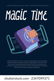 Magic time, magic poster, spell book, template vertical, simple vector doodle cartoon style