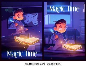 Magic time posters with boy reading spell book in bedroom at night. Vector flyers with cartoon illustration of young wizard in pajamas with magic wand and witchcraft book