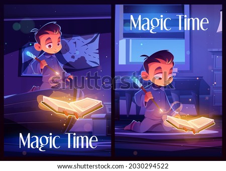 Magic time posters with boy reading spell book in bedroom at night. Vector flyers with cartoon illustration of young wizard in pajamas with magic wand and witchcraft book