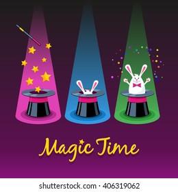 Magic time. Three vector icons of magic hat, wand and white rabbit appearing from a hat.