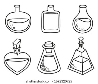 Magic tinctures in variety glass flasks and jars collection  in line style.Vector hand drawn flask and jars.