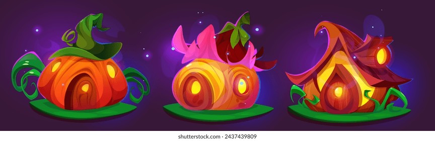 Magia casa pequeña de duende o animal con la luz de las ventanas. Conjunto de vector de dibujos animados de la casa del gnomo de la fantasía hecha de calabaza, flor y madera en la isla de la hierba. Jardín de cuento de hadas o bosque fantástico choza.