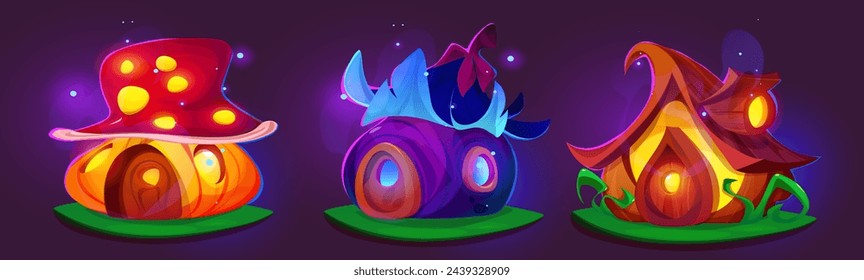 Magia casa pequeña de duende o animal con la luz de las ventanas. Conjunto de vector de dibujos animados de la casa de gnomo de fantasía hecha de setas, flores y madera en la isla de hierba. Jardín de cuento de hadas o bosque fantástico choza.