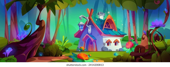 Magic tiny house of gnome or elf in forest with green trees and fantastic neon glowing flowers and plants. Cartoon fairytale summer woods landscape with little home with doors, windows and lantern.