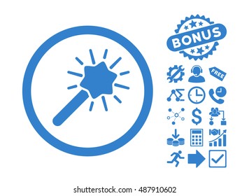 Magic Tool icon with bonus pictogram. Vector illustration style is flat iconic symbols, cobalt color, white background.