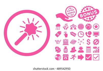 Magic Tool pictograph with bonus pictures. Vector illustration style is flat iconic symbols, pink color, white background.
