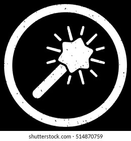 Magic Tool rubber seal stamp watermark. Icon symbol inside circle frame with grunge design and corrosion texture. Scratched vector white ink sign on a black background.