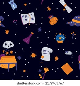 Magic tool seamless pattern. Cartoon print with witchcraft accessories. Alchemical potion cauldron. Witch hat. Magical wand. Divination ball. Spell book. Vector Halloween