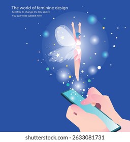 Un smartphone de la herramienta mágica con un diseño femenino lindo que sale, fondo es azul