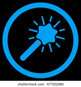 Magic Tool vector rounded icon. Image style is a flat icon symbol inside a circle, blue color, black background.