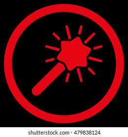 Magic Tool vector rounded icon. Image style is a flat icon symbol inside a circle, red color, black background.