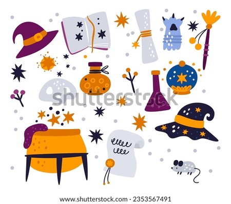 Magic tools. Alchemy accessories. Wizards stuff. Spell book. Potion cauldron. Poison glass flask. Witches hat. Magical wand. Cat and mouse. Divination ball. Vector
