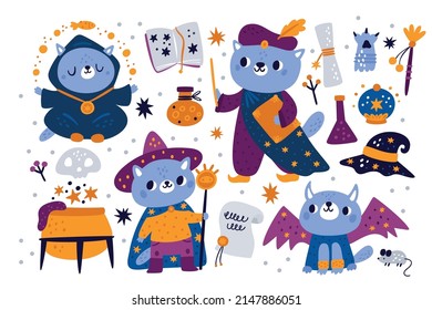 Magic tools. Funny cat magicians with witchcraft and alchemical accessories. Kitten wizards in costumes. Sorcerers in cloaks and hats. Fairytale warlocks. Vector magical