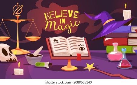 Magic tools poster. Cartoon alchemist table with different objects. Wizard elements. Magical formulas book. Sorcerer objects. Elixir bottles. Witch wand. Alchemy scales. Vector concept