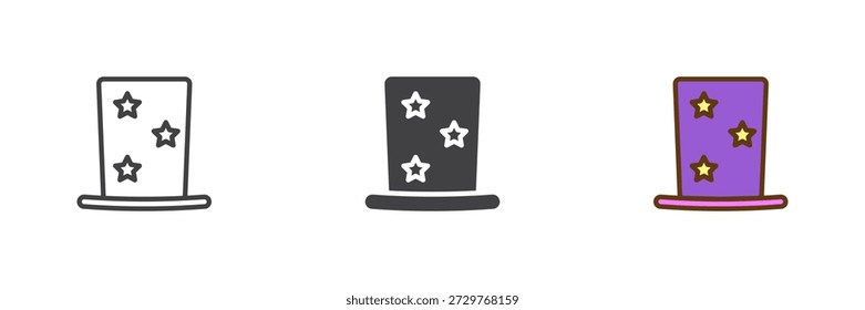 Magic top hat different style icon set. Line, solid and filled outline colorful icon for magician or party costume. Illusion show vector sign and symbol icon.