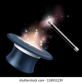 Magic tophat and magic wand illustration with magic in the form of stars and light floating around them