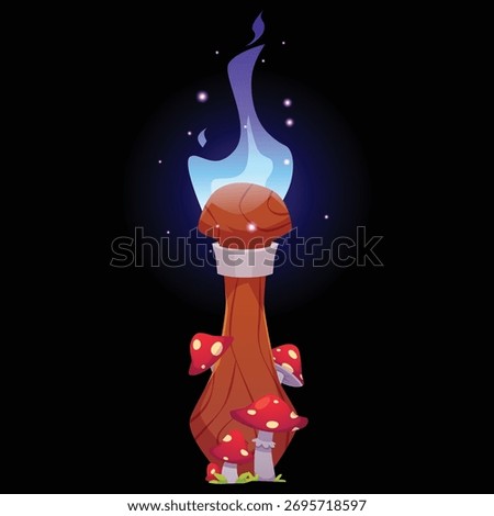 Magic torch with blue burning fire and fly agaric mushrooms. Cartoon vector medieval flambeau fire wooden stick. Game fairy torchlight lantern with fungi on black background. Wizard or witchcraft rod