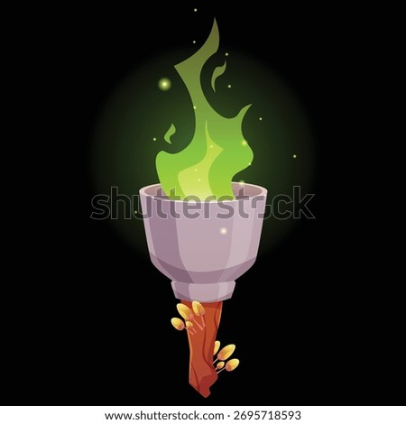 Magic torch with green burning fire and alien mushrooms. Cartoon vector medieval flambeau fire stone and wooden stick. Game torchlight lantern with fairy fungi on black background