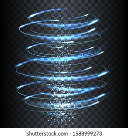 Magic tornado. Lights twirl with glitter sparkles, lighting particles spinning rounds effect vector illustration