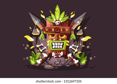 Magic totem with bones and skulls. Wooden tiki symbol vector illustration. God from ancient culture of Hawaii flat style concept. Hawaiian party and holidays