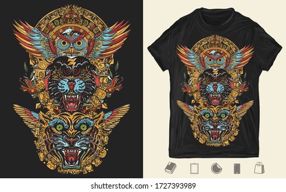 Magic totem. Panther, tiger, owl and mayan sun. Mexican mesoamerican monolith. Mayan and Aztec style. Creative print for dark clothes. T-shirt design. Template for posters, textiles, apparels 