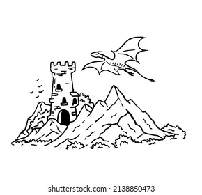 Torre mágica en las montañas. Ilustración para cuento de hadas y libro. Esquema de diseño de dibujos animados. Fortaleza medieval o castillo con dragón