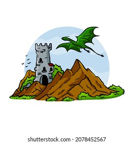 Magic tower in mountains. Medieval fortress or castle. Illustration for fairy tale and book. Outline cartoon design