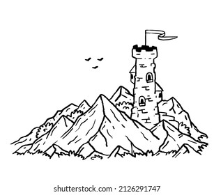 Zauberturm in den Bergen. mittelalterliche Festung oder Schloss. Illustration für Märchen und Buch. Umriss-Cartoon-Design