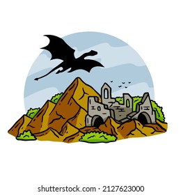 Torre mágica en las montañas. Fortaleza medieval o castillo. Ilustración para cuento de hadas y libro. Diseño de dibujos animados de esquema