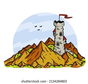 Magic tower in mountains. Medieval fortress or castle. Illustration for fairy tale and book. Outline cartoon design