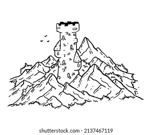 Zauberturm in den Bergen. mittelalterliche Festung oder Schloss. Illustration für Märchen und Buch. Umriss-Cartoon-Design