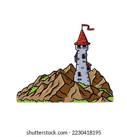 Magic tower in mountains. Medieval fortress or castle. Illustration for fairy tale and book. Outline cartoon design svg