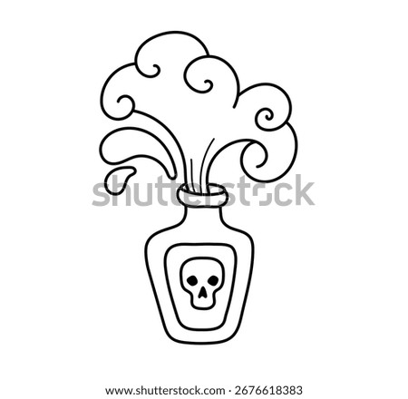 Magic toxic poison. Dangerous bottle with skull. Cartoon witchcraft coloring book element. Outline contour vector isolated illustration.