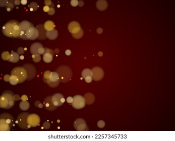 Magic transparent bokeh lights confetti illustration. Luxury gold glitter confetti, yellow golden shiny explosion. Blurred bokeh lights flare effect circle elements falling card pattern
