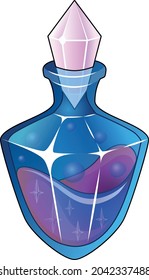 A magic transparent bottle with a magic potion. A blue bottle with a pink stopper. A magic crystal.