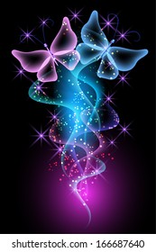 Magic transparent butterfly and glowing stars