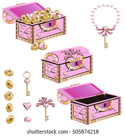 Magic treasure chest for a princess. Set of isolated design elements.