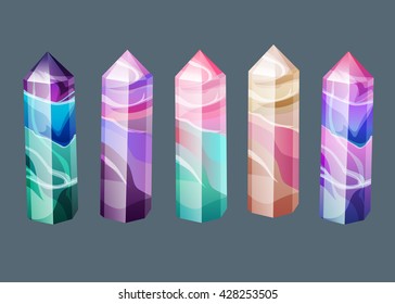 The Magic Treasure Collection. Vector illustration set of fluorite and tourmaline crystals. Gemstone for your design.