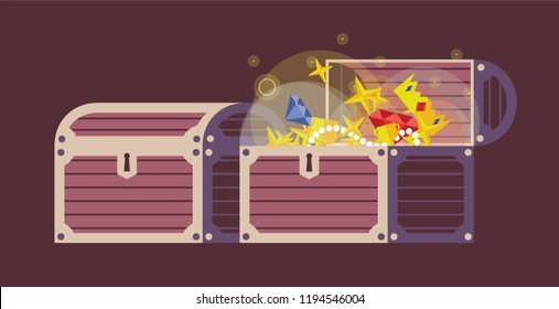 Magic treasure lifting up from wooden chest. Closed wooden chest stands nearby. Dark background and bright gold inside the chest.
