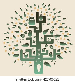 magic tree with amazing birds and animals on it black and white tree hand-drawn, the fairy tree, cartoon tree, beautiful tree with birds, cartoon birds, cartoon color the tree