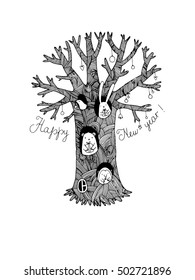 Magic tree, animals and gifts. Hand drawing isolated objects on white background. Vector illustration.  Happy New Year!