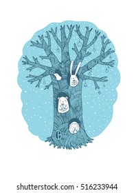 Magic tree, animals and gifts. Hand drawing isolated objects on white background. Vector illustration. winter landscape