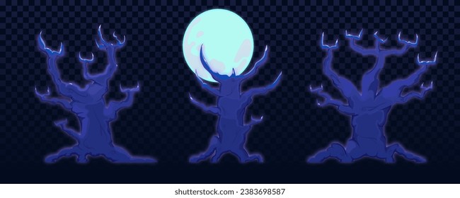 Árbol mágico, roble viejo de ramificación. Árboles de noche bajo la luna. Conjunto aislado de dibujos animados de árboles vectoriales. Plantilla de silueta de árbol, árboles de hadas, efectos visuales. Fondo transparente, fantasía, ilustración.