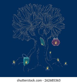 Magic tree and candles.  Hand drawn illustaration. Ukraine
