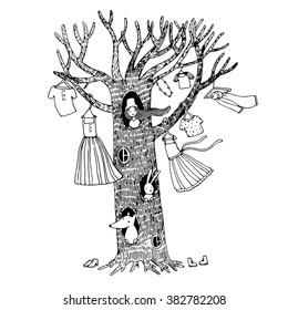 Magic tree with clothes. The fox, hare and the girl. Hand drawing isolated objects on white background. Vector illustration.