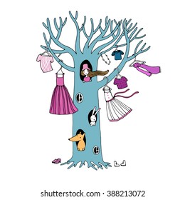 Magic tree with clothes. The fox, hare and the girl. Vector illustration.