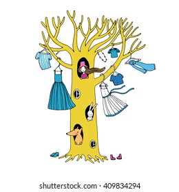 Magic tree with clothes. The fox, hare and the girl. Vector illustration.