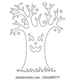 Magic tree. Coloring book page for kids. Halloween theme. Cartoon style character. Vector illustration isolated on white background.