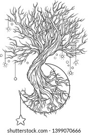 Magic tree with crescent and stars in graphic technique